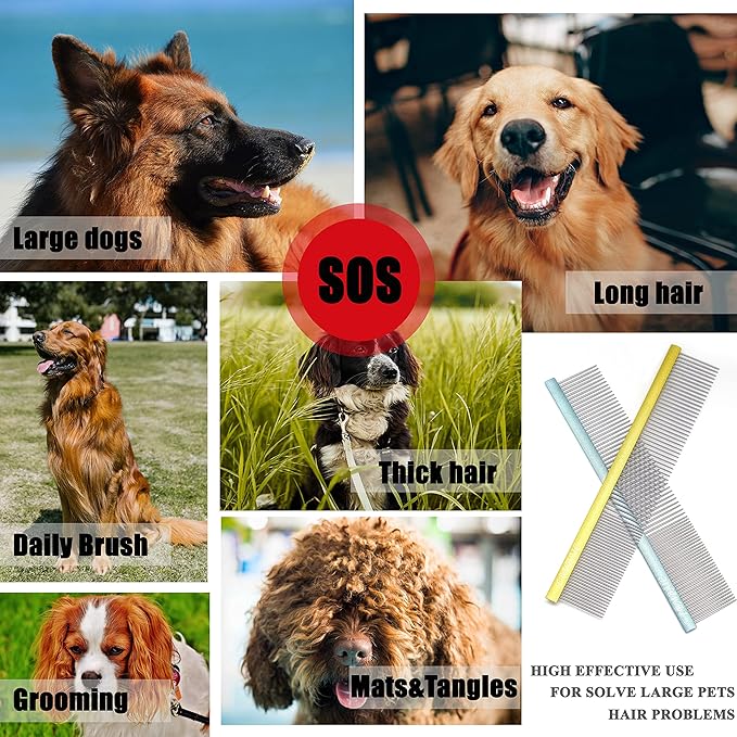 10inches Large Dog Metal Grooming Comb for Shedding Matted Hair for Large Dogs Metal Dog Comb with Long Wide Tooth for Poodles and Goldendoodles Reduce Tangles,Mats and Knots.(Blue)