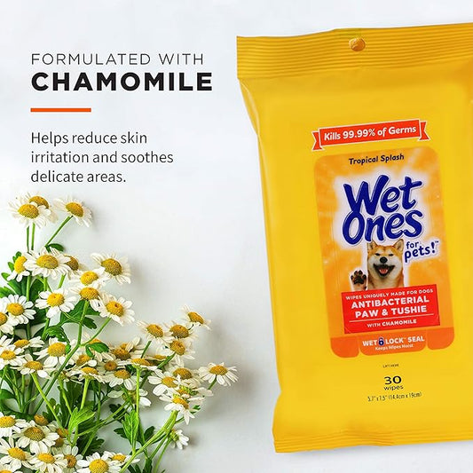 Wet Ones for Pets Paw & Tushie Dog Wipes with Chamomile Dog Wipes for All Dogs in Tropical Splash Scent, Wipes with Wet Lock Seal Pouch Dog Paw Wipes (Pack of 2, 30 Count Total)