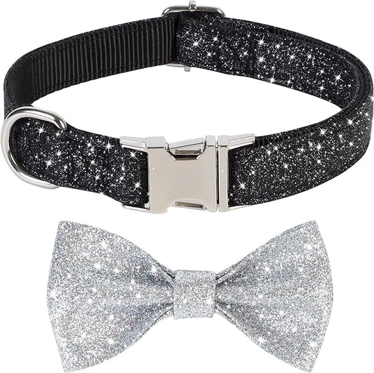 Bling Bow Tie Dog Collar and Leash Set, Cute Black Boy Dog Collar with Bow and 5ft Leash for Puppy Small Dogs Daily Walking or Holiday Party (Neck fit 9-12’’)