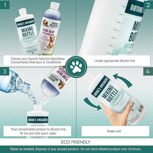 Nature's Specialties Mixing Bottle and Dog Shampoo Concentrate Bundle, Easy to Read Measurements Mixing Bottle 32 oz, Aloe Premium Dog Shampoo Conditioner Concentrate 16 oz