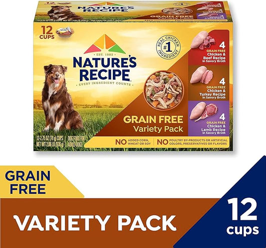 Nature’s Recipe Grain Free Chicken & Beef Recipe, Chicken & Turkey Recipe and Chicken & Lamb Recipe in Savory Broth Variety Pack Wet Dog Food, 12-2.75 oz. Cups, 2 Count
