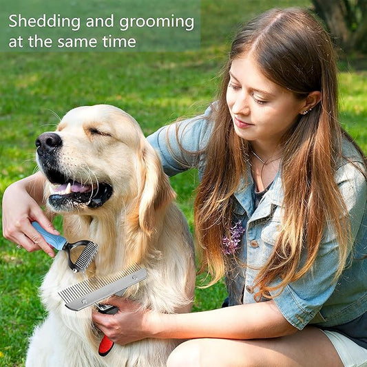 Long Tooth Undercoat Rake, Deshedding Tool Set - Pet Grooming Brushes for Middle to Large Dogs, Cats, Horses - Dematting Comb for German Shepherds, Huskies, Long-Haired Breeds