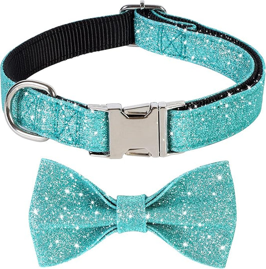 Bling Bow Tie Dog Collar and Leash Set, Cute Teal Boy Dog Collar with Bow and 5ft Leash for Medium Dogs Daily Walking or Christmas Holiday (Neck fit 13-19’’)