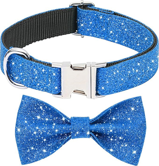 Bling Bow Tie Dog Collar and Leash Set, Cute Blue Boy Dog Collar with Bow and 5ft Leash for Small Medium Dogs Daily Walking or Holiday Party (Neck fit 11-16’’)