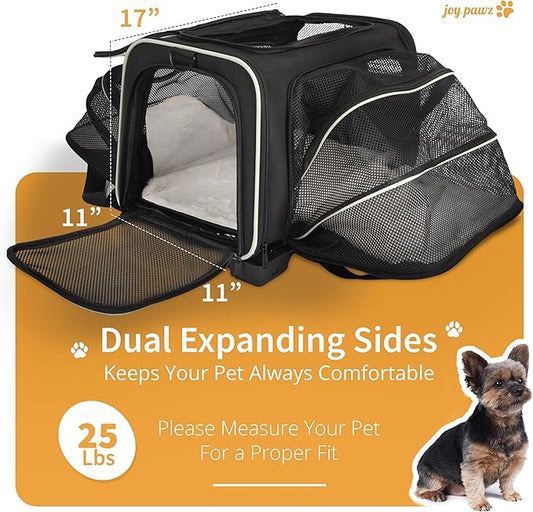 Pet Carrier for Travel - Airline Approved - Dogs/Cats Expandable & Roomy - Premium Pets Carrier with Wheels - Cozy Soft-Lined Travel Carrier - Stylish Black Design