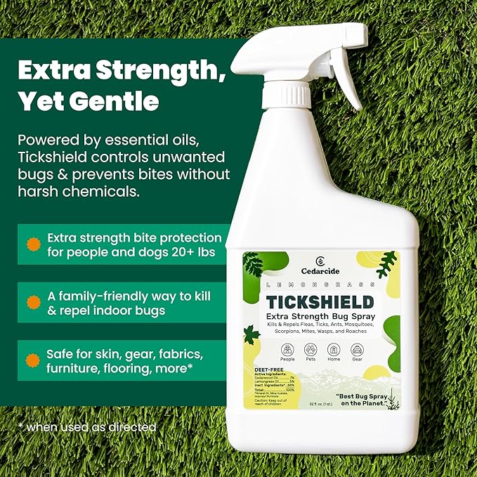 Cedarcide Extra Strength Tickshield | Deep Woods Cedar Oil Tick & Mosquito Repellent Spray for People, Pets, & Indoors | Kills & Repels Fleas, Ticks, Ants, Mites & Mosquitoes | Gallon