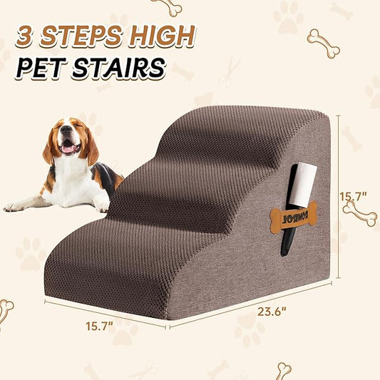 Romrol Dog Stairs Ramp for Beds Couches, Extra Wide Pet Steps with Durable Non-Slip Waterproof Fabric Cover, Pets Slope Stairs, 3-Tiers,Coffee