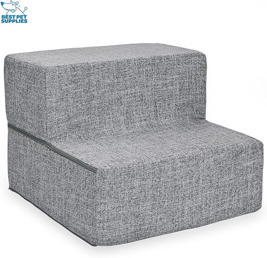 Best Pet Supplies Portable Foldable Foam Pet Stairs/Steps for Couch, Sofa, and High Bed, Non-Slip Bottom Balanced Paw Safe - Gray Linen, Foldable 2-Step (H: 12")