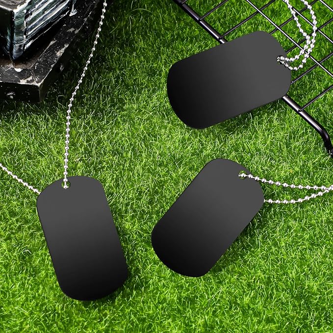Therwen 62 Pieces Military Dog Tags for Kids Set Including 30 Aluminum Blank Dog Tag 30 Ball Stainless Steel Beaded Necklaces and 2 Erasable Markers for DIY Crafts(Black)