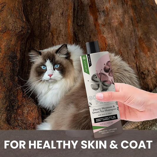 Holistic Natural Derived Cherry Blossom & Green Tea Pet Shampoo: Veterinarian Recommended - Remove Dirt and Condition Your Dog, Cat and Horse Coat - Made in USA - 16 oz
