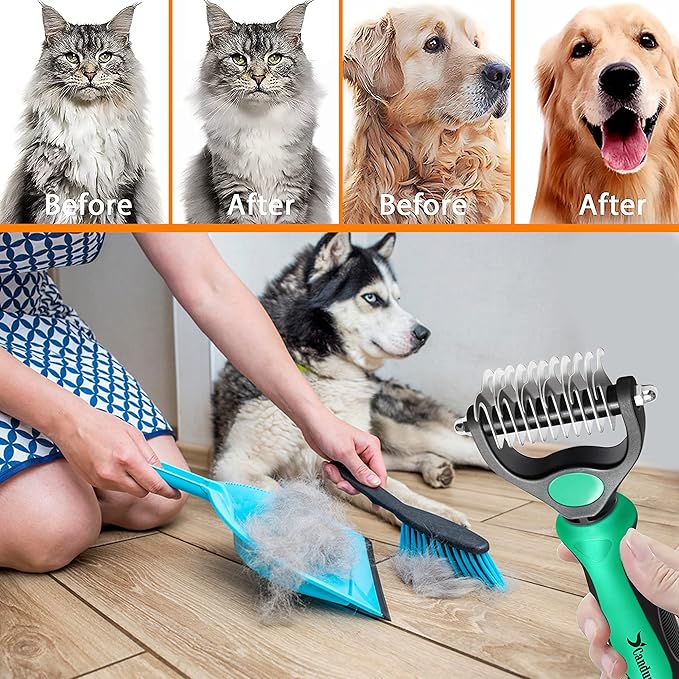 Candure Pet Friendly Double-Sided Dematting Undercoat Rake and Comb for Effective Hair Removal and Shedding Control in Dogs & Cats (Small, Green)