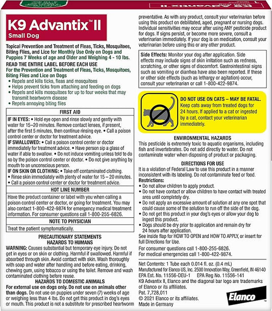 K9 Advantix II Small Dog Vet-Recommended Flea, Tick & Mosquito Treatment & Prevention | Dogs 4-10 lbs. | 1-Mo Supply