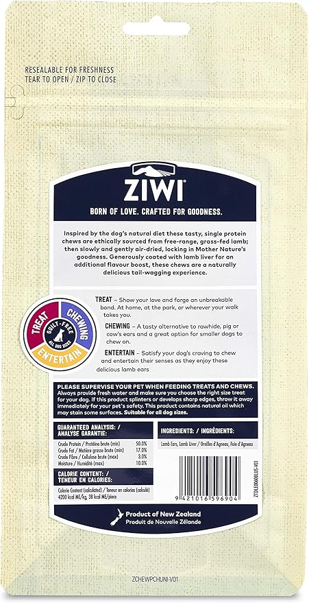 ZIWI Dog Chews and Treats – Lamb Ears - All Natural, Air-Dried, Single Protein, Grain-Free, High-Value Treat, Snack, Reward 2.1 Ounce (Pack of 1)
