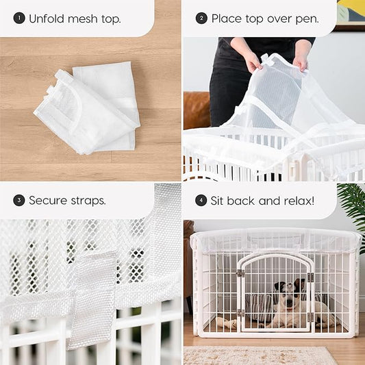 IRIS USA 24" Exercise 4-Panel Pet Playpen with Door + Mesh Top Cover for Dog Playpen, Dog Playpen, Puppy Playpen, for Small and Medium Dogs, Keep Pets Secure, Easy Assemble, Durable Material, White