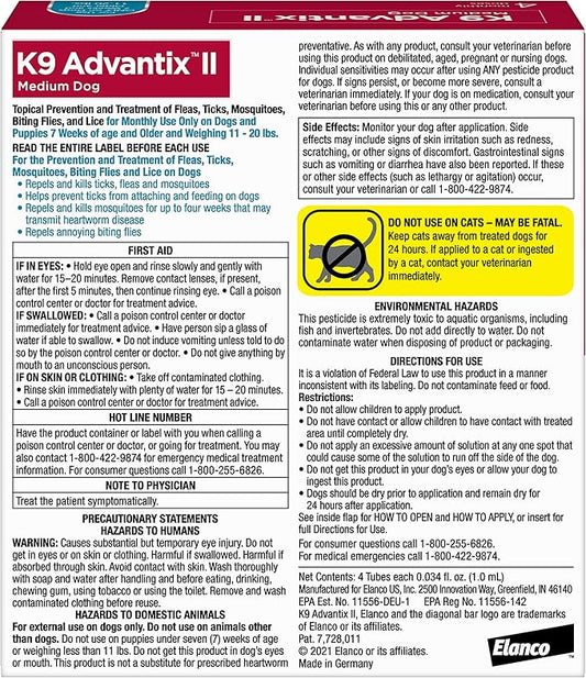 K9 Advantix II Medium Dog Vet-Recommended Flea, Tick & Mosquito Treatment & Prevention | Dogs 11-20 lbs. | 4-Mo Supply