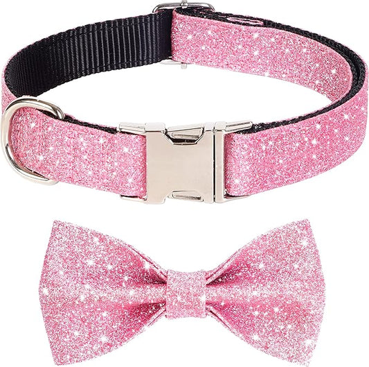 Bling Bow Tie Dog Collar and Leash Set, Cute Pink Girl Dog Collar with 5ft Leash for Small Medium Dogs Daily Walking or Holiday Party (Neck fit 13-19’’)