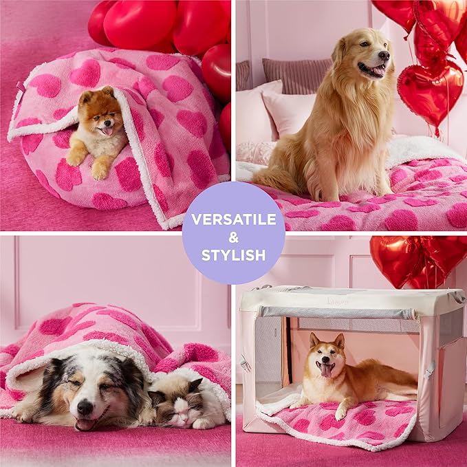 Lesure Waterproof Puppy Blanket for Large Dogs - Washable Double Sided Dog Blankets with Warm Jacquard Shag and Soft Sherpa Fleece, Pet Cat Blanket for Couch Protection, Love Pattern Design,Pink