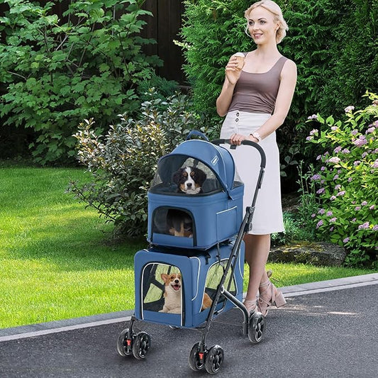 Double Dog Stroller, Foldable 3-in-1 Cat Stroller with 2 Detachable Carriers, Safety Belt, Washable Cover, Removable Pads, 4 Wheels Travel Pet Stroller for Small Medium Dogs (Blue)