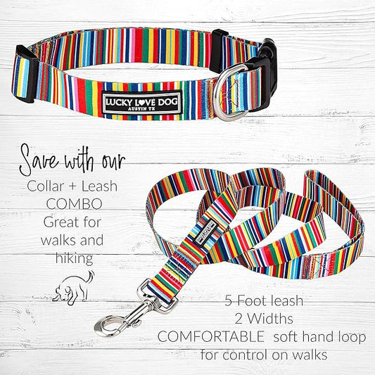 Lucky Love Dog Combo Set, Rainbow Dog Collar & Leash Set for Medium Dogs, Colorful Matching Collar and Leash Set for Girl or Boy Dogs, Hippie Combo, Medium