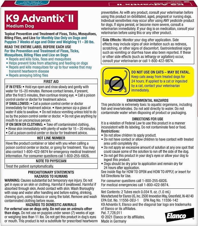 K9 Advantix II Medium Dog Vet-Recommended Flea, Tick & Mosquito Treatment & Prevention | Dogs 11-20 lbs. | 2-Mo Supply