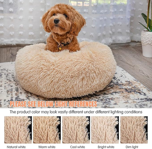 Small Dog Bed Calming Dogs Bed for Small Medium Large Dogs Anti-Anxiety Puppy Bed Machine Washable Warming Cozy Soft Pet Round Bed Fits up to 10-100 lbs (Small (Pack of 1), Beige)