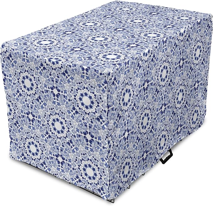 Lunarable Traditional Dog Crate Cover, Circular Flowers and Stripes Russian Gzhel Pattern Classic Motifs, Easy to Use Pet Kennel Cover for Cats & Medium Dogs, 24 Inch, Pale Blue