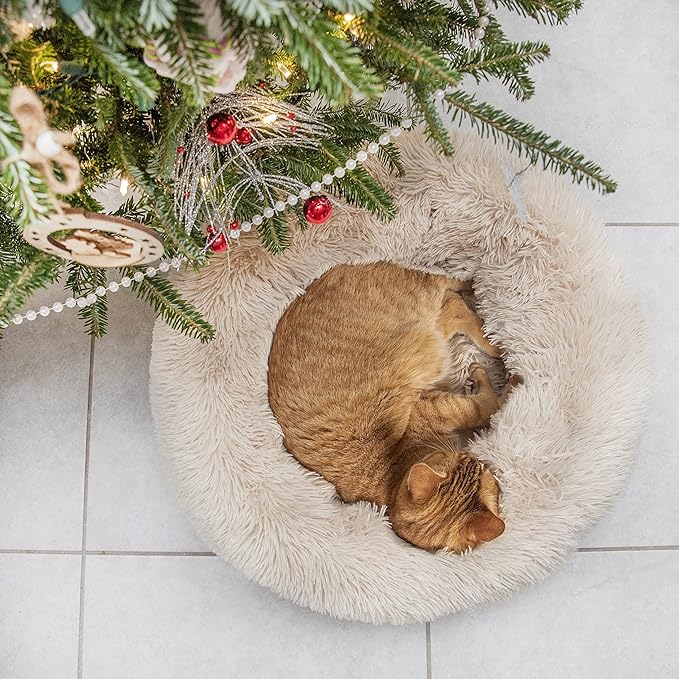 Small Dog Bed Calming Dogs Bed for Small Medium Large Dogs Anti-Anxiety Puppy Bed Machine Washable Warming Cozy Soft Pet Round Bed Fits up to 10-100 lbs (23”Small(Pack of 1), Beige)
