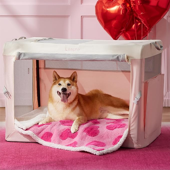 Lesure Waterproof Puppy Blanket for Large Dogs - Washable Double Sided Dog Blankets with Warm Jacquard Shag and Soft Sherpa Fleece, Pet Cat Blanket for Couch Protection, Love Pattern Design,Pink