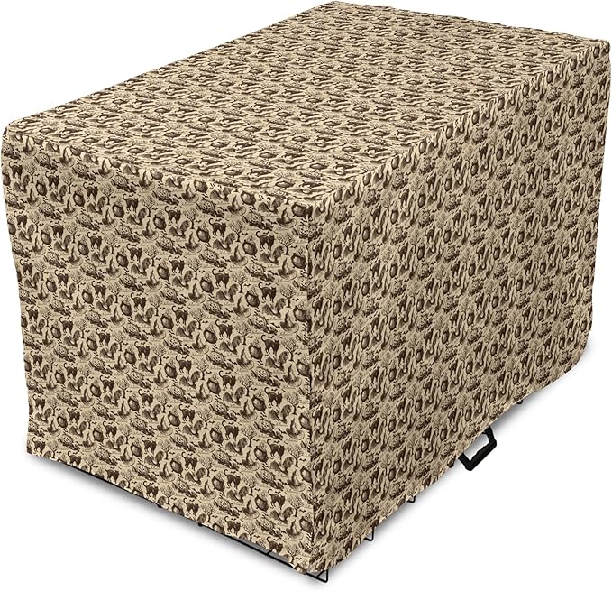 Lunarable Vintage Halloween Dog Crate Cover, Halloween Witch Hat Cauldron Fall Jack o' Lantern Black Cat, Easy to Use Pet Kennel Cover for Medium Large Dogs, 48 Inch, Pale Brown