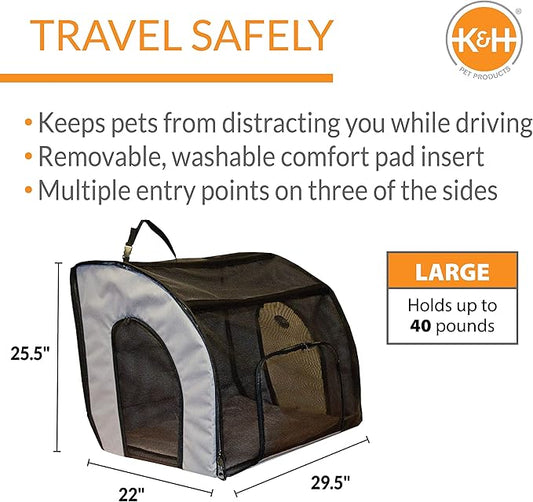 K&H Pet Products Travel Safety Carrier for Pets, Dog Crate for Car Travel, Dog Soft-Sided Carrier for Large Dogs, Portable Car Seat Kennel, Gray/Black Large 29.5 X 22 X 25.5 Inches