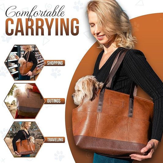 Luxury Dog Purse Carrier for Small Dogs, Faux Leather Pet Carrier Purse, Secure Harness Clip, Dog Tote Bag Carrier for Small Dogs and Puppies - Brown