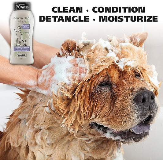 Wahl USA 4-in-1 Calming Pet Shampoo for Dogs – Cleans, Conditions, Detangles, & Moisturizes with Lavender Chamomile - Pet Friendly Formula - 24 Oz - Model 820000A