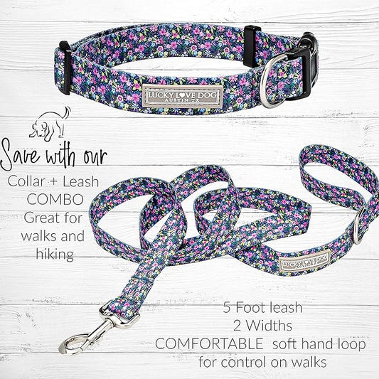 Lucky Love Dog, Matching Dog Collar & Leash Set for Female Dogs, Soft, Adjustable, Safe for Training and Walking, Black & Purple Floral Print, Primrose Combo, Large
