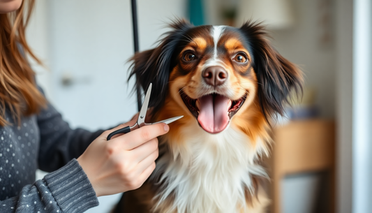 A person grooming a happy dog at home with scissors