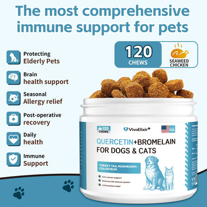 Quercetin for Dogs with Bromelain - Dog Allergy & Itch Relief Chews, Balanced Immune System – Skin & Ear Soothing Support for Yeast Infection, Hot Spots & Seasonal Allergies - 120 Treats