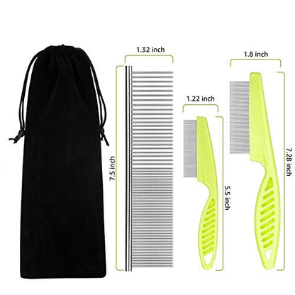 Flea Comb for Cats Dog Comb Lice Comb Metal Teeth Durable Tear Stain Dog Combs Remove Float Hair Combing Tangled Hair Dandruff Pet Comb Grooming Set 3 Pieces Add Storage Pouch (Green)