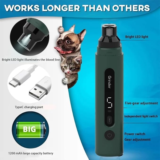 Accesspet 5-Speed Electric Pet Nail Grinder for Dogs & Cats – Ultra-Quiet, Safe, Ergonomic Nail Trimmer for Easy, Stress-Free Home Grooming & Professional-Quality Nail Care for All Pets