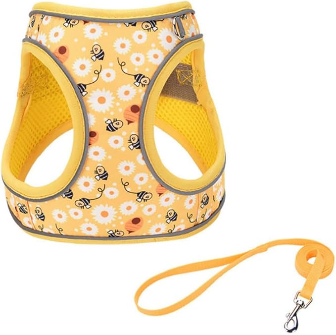 Step in Dog Harness and Leash Set, Flower Adjustable Easy Walk Puppy Harnesses, Soft Mesh Pet Vest Harness Small Size Adjustable No Pull Dog Harness for Small Dogs and Cats(Bee, XS)