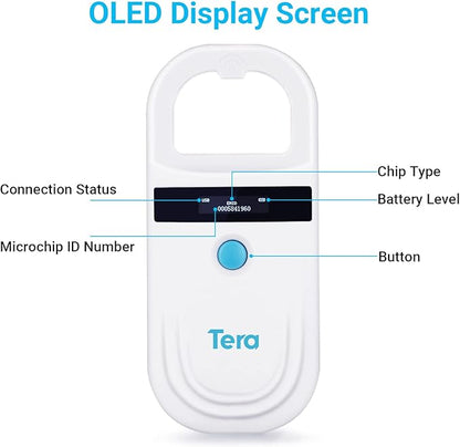 Tera Pet Microchip Reader Scanner with D-Ring RFID Portable Animal Chip ID Scanner with OLED Display Screen Rechargeable Data Storage Tag Scanner EMID FDX-B(ISO11784/85) for Dog Cat Animal Management
