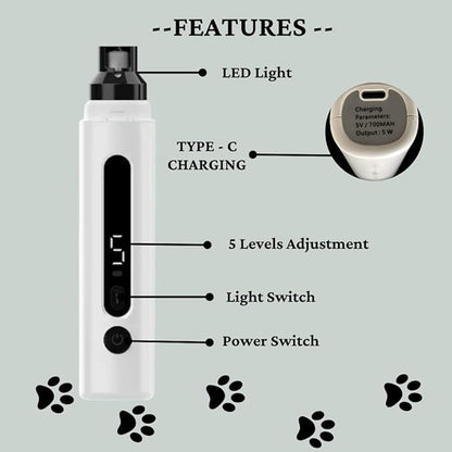 Accesspet 5-Speed Electric Pet Nail Grinder for Dogs & Cats – Ultra-Quiet, Safe, Ergonomic Nail Trimmer for Easy, Stress-Free Home Grooming & Professional-Quality Nail Care for All Pets