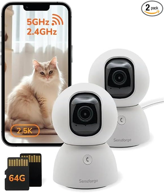 Sensforge 2 Pack Indoor Pan-Tilt Security Camera with SD Card for Pet/Kid/Home, 24/7 Recording, 5G/2.4G Wi-Fi, 2.5K Video and Image - Free Human Motion Pet Detection, NO Monthly fee