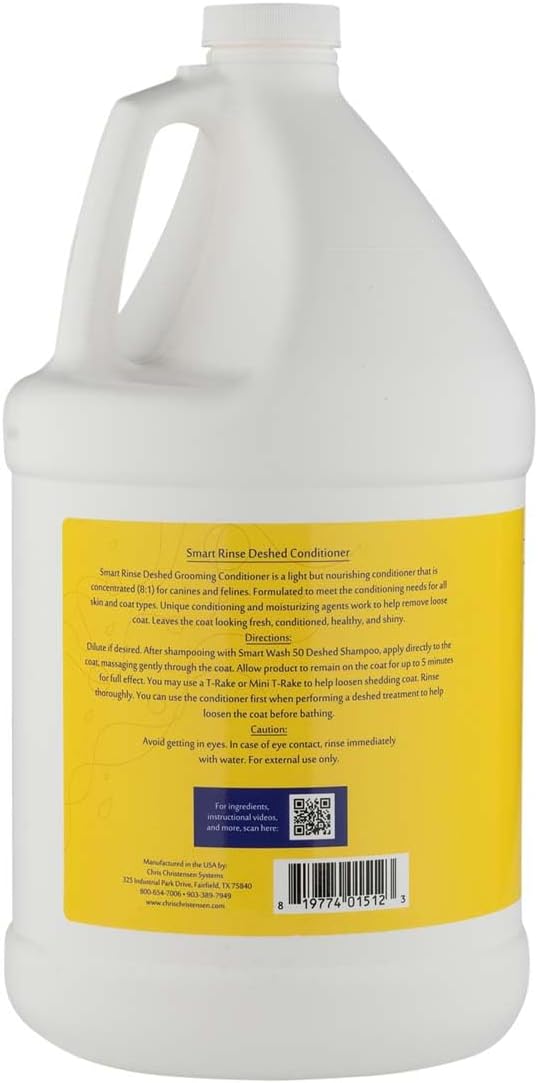 Chris Christensen SmartRinse De-Shed Ultra Concentrated Pet Conditioner, Makes up to 8 Bottles, Groom Like a Professional, Deep Moisturizing, Helps Relieve Matting, Reduce Shedding, Made in USA, 1 gal