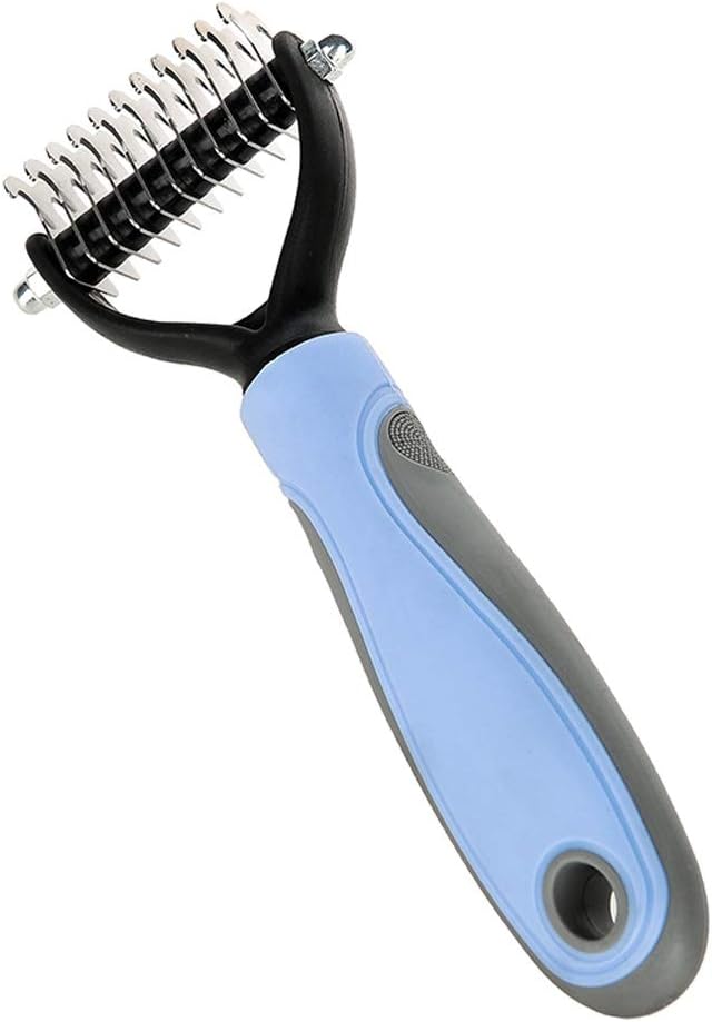 Dematting Tool for Dogs &Cats, Pet Grooming Undercoat Rake with Two-Side,Professional Stainless Steel Demat Comb Removes Loose Undercoat, Mats, Tangles and Knots Blue