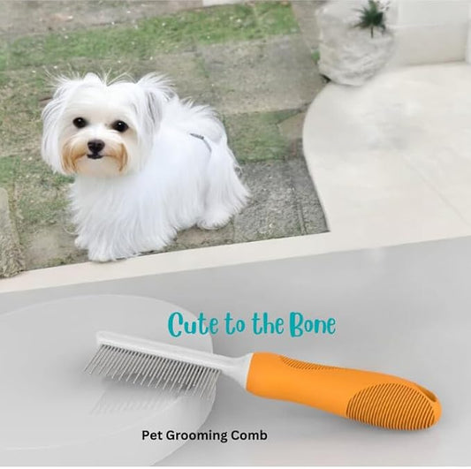 Cute to the Bone Pet Grooming Comb for Long, Curly or Silky Hair Dog and Cat, Stainless Steel Teeth for Dematting and Detangling, Safe for Home Use, Orange
