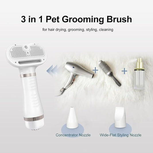 3-in-1 Pet Grooming Tool - Hair Dryer with Slicker Brush & Steam Spray, Self-Cleaning Deshedding Brush with USB Rechargeable for Dogs/Cats, Ideal for Home & Travel