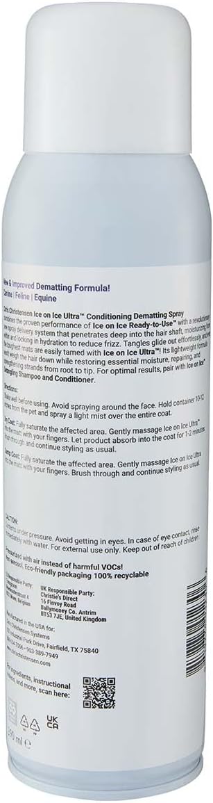 Chris Christensen Ice on Ice Ultra Conditioning Dematting Spray, Dog Conditioner, Groom Like a Professional, Lightweight Formula, Dematts & Detangles, Conditions & Protects, Made in The USA, 13.2oz