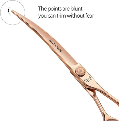 Fenice Peak Curved Dog Grooming Scissors Champagne Gold 440C Stainless Steel Professional Pet Cutting Shears Safety Trimming Shearing for Dogs and Cats