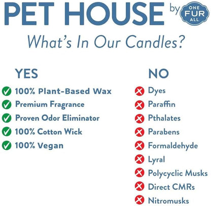 One Fur All Pet House Candle 2 Pack - Plant-Based/Soy, Long Lasting, Pet Odor Eliminating, Sunwashed Cotton Scented Candles