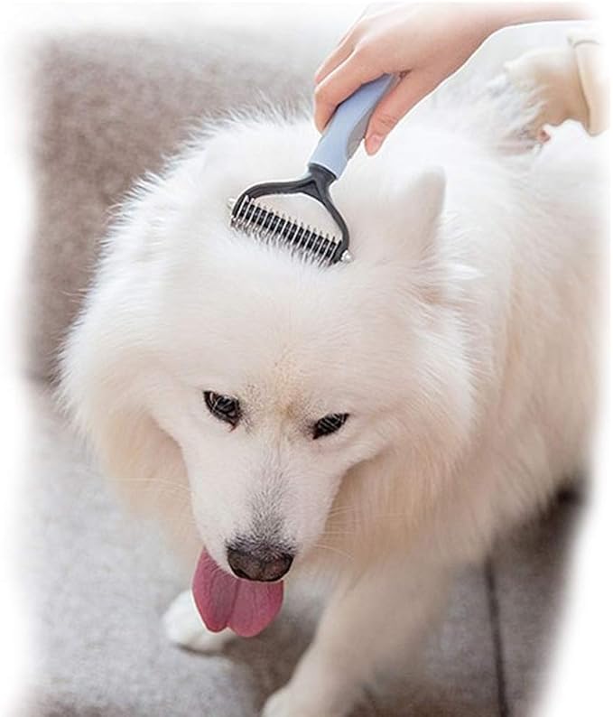 Dematting Tool for Dogs &Cats, Pet Grooming Undercoat Rake with Two-Side,Professional Stainless Steel Demat Comb Removes Loose Undercoat, Mats, Tangles and Knots Blue