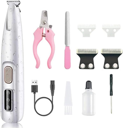 Dog Clipper Electric Paw Trimmer with LED Light - Waterproof, Rechargeable, Low Noise Pet Hair Shaver for Dogs and Cats(Equipped with Replacement blade2pcs) ﻿